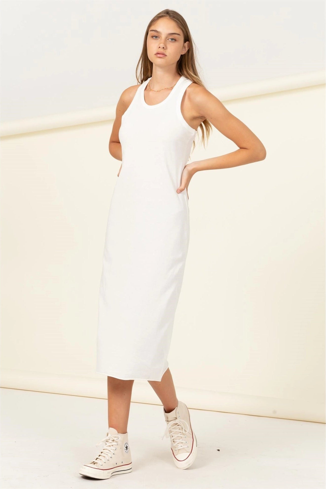 Casual Women's Clothing Cotton Tank Round Neck Sleeveless Midi Dress