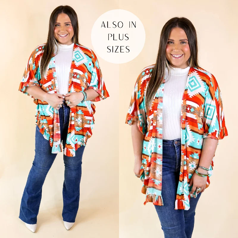 Flash Sale Now California Casa Aztec Print Kimono with Ruffle Trim in Red and Turquoise