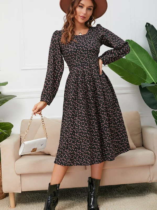 Free Spirited Fashion KittenAlarm - Knit Rib Puff Sleeve Flare Dress