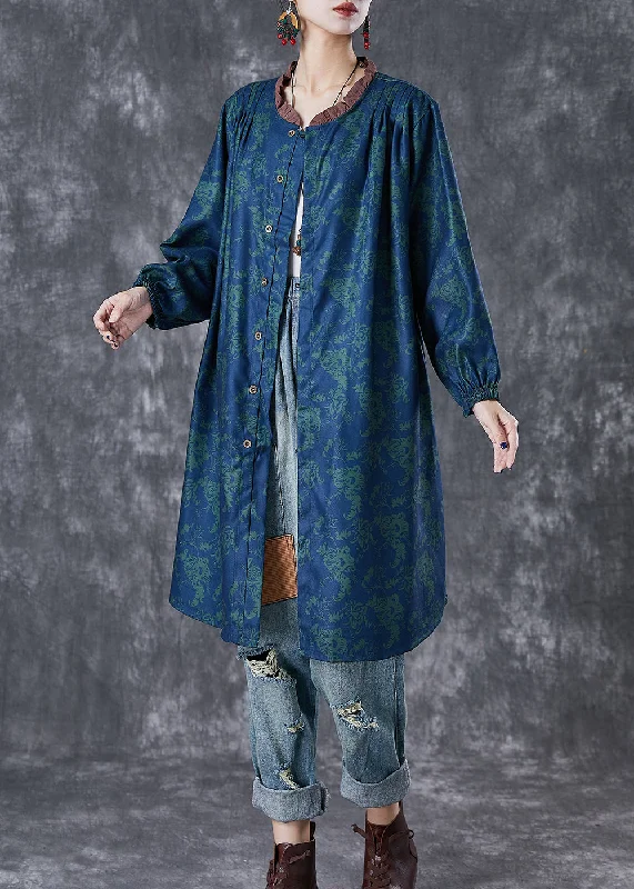 Cheap Women's Clothing Online Art Green Ruffled Print Linen Shirt Dresses Fall