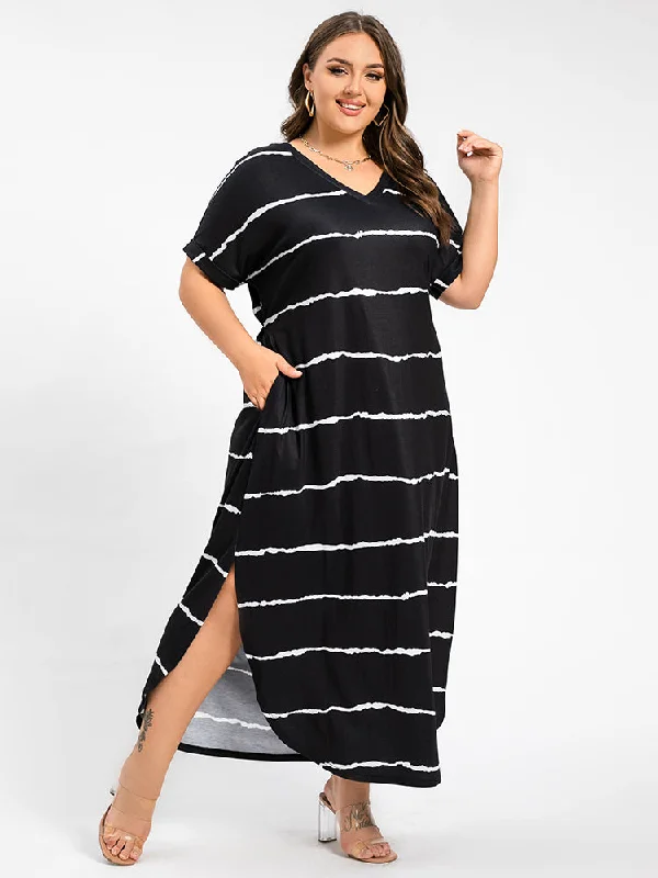 Trendy Outfits For Ladies Plus Striped V-Neck Cuffed Sleeve Slit Pocket Maxi Dress