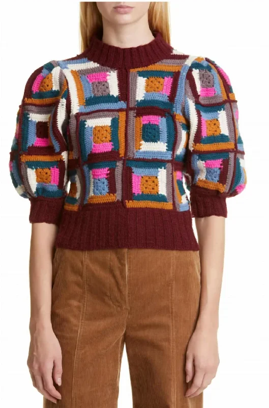 Stylish Looks Camryn Crochet Puff Sleeves Sweater in Multi