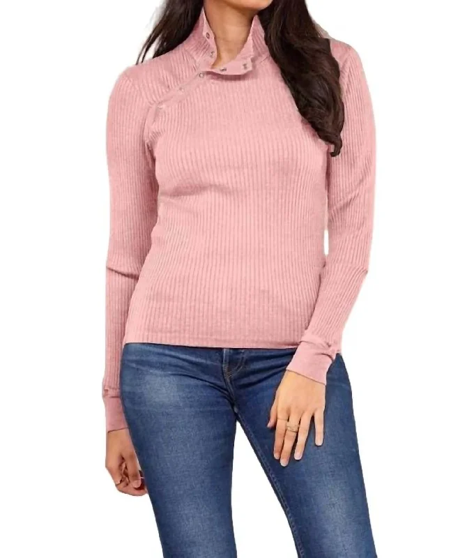 Trendy Street Style Clothing Andre Long Sleeve Snap Turtleneck Top In Pink Quartz