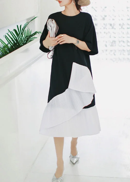 Trendy Pulse Natural black Cotton Long Shirts Sweets Photography patchwork asymmetric daily Summer Dress