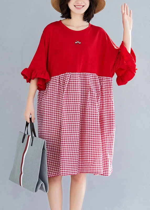 Chic Women's Clothing for Work and Travel Natural o neck Butterfly Sleeve Cotton clothes Omychic Outfits red Plaid short Dresses Summer