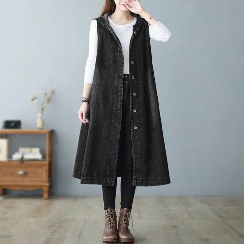 Elegant Attire For The Modern Lady Sleeveless Hooded Denim Vest Coat