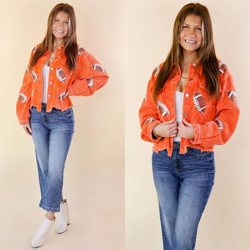 Contemporary Women's Clothing Gameday Ready Corduroy Shacket with Sequin Football Patches in Orange