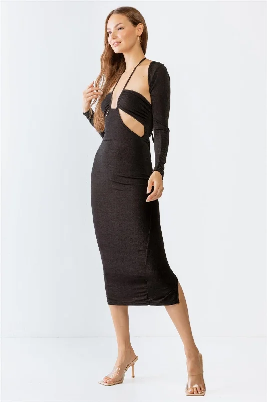 Fashionable Women's Wardrobe Black Cut-Out Sleeveless Midi Dress & Open Front Long Sleeve Cover-Up Set /3-2-2