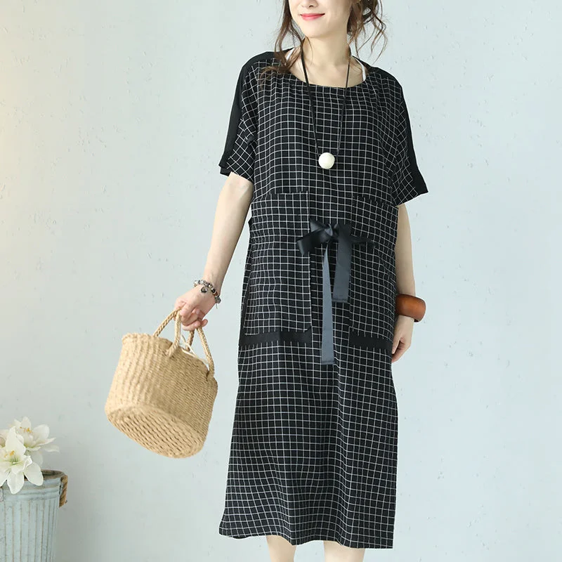 Style Versatile Women's Collection fine black plaid cotton dresses plus size patchwork traveling clothing 2018 tie waist gown