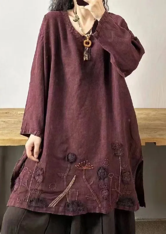 Unleash Your Fashion Vintage Mulberry V Neck Embroidered Patchwork Linen Mid Dresses Fall