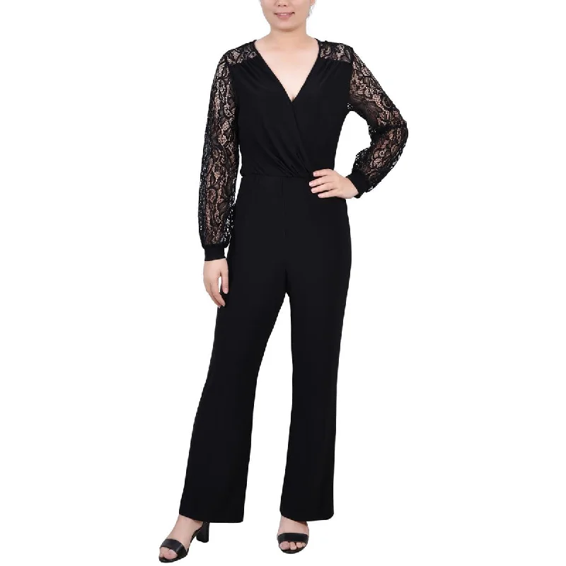 Sophisticated Fashion NY Collection Womens Petites Surplice Lace Trim Jumpsuit