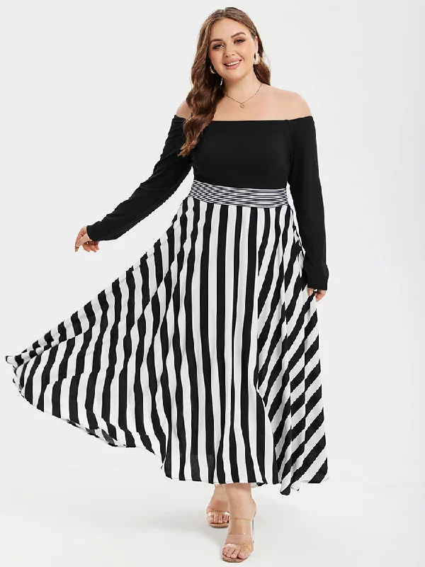 Seasonal Sale Striped Print Off Shoulder Elastic Waist High Low Maxi Dress