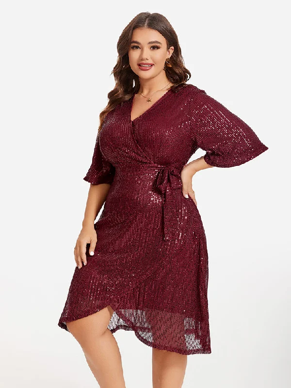 Women's Seasonal Fashion Trends V-Neck Belted Tulip Hem Sequin Midi Dress