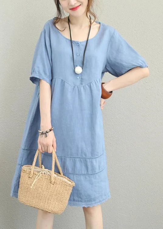 Trendy Threads stylish light blue linen shift dress oversize shirt dress women patchwork lace hollow out linen cotton dress