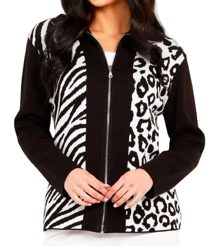 Women's Clothing Online Animal Print Zip Cardigan In Black/white