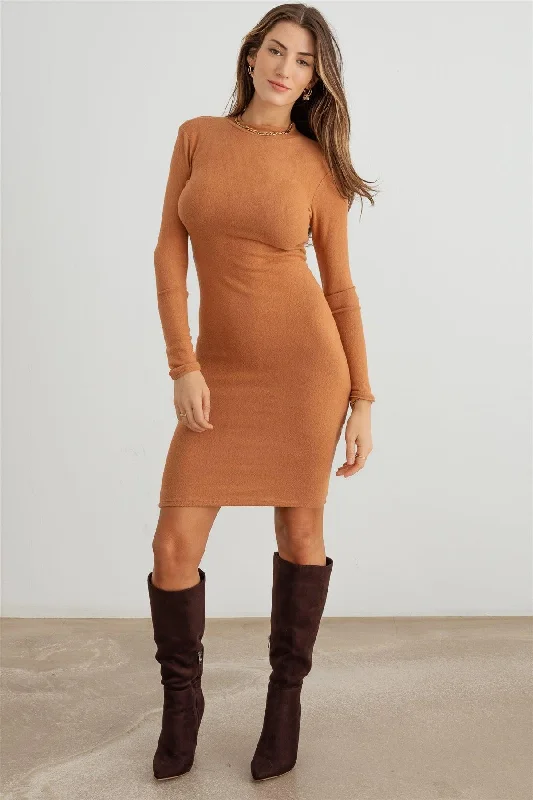 Flash Discount Knit Crew Neck Long Sleeve Stretchy Midi Dress