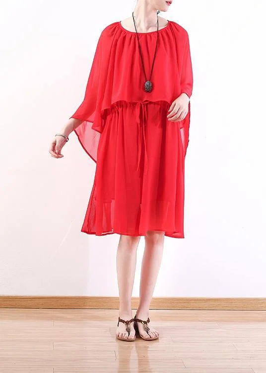 Chic Wardrobe Style red chiffon dresses stylish Shirts tie waist Maxi summer Dress