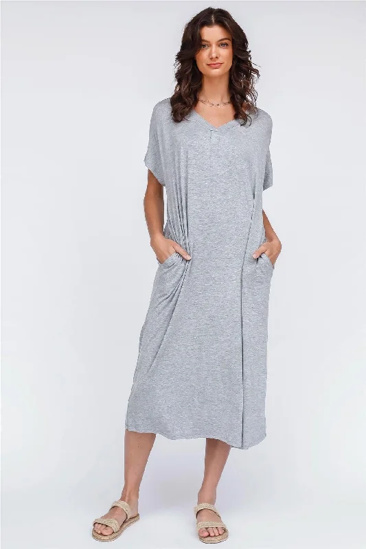 Summer Deals Heather Grey V-Neck Short Sleeve Midi Dress