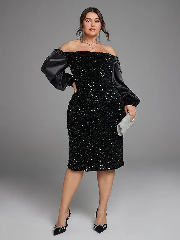 Discount Store Off Shoulder Lantern Sleeve Split Sequin Dress