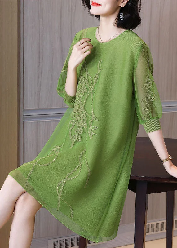 Season Offer Vogue Green O-Neck Embroidered Holiday Tulle Mid Dress Fall