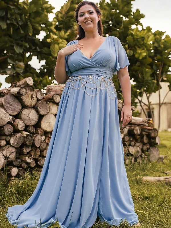 Fashion Forward Femme 2025 Steel Blue Bridesmaid Dresses Plus Size Flutter Sleeve V Neck