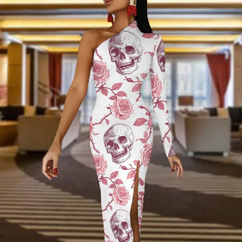 Style Versatile Women's Collection Women's Pink Roses Skulls Half Sleeve Slit Dress