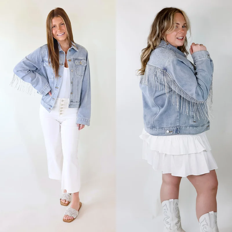 Final Sale Like a Diamond Crystal Fringe Button Up Denim Jacket in Light Wash