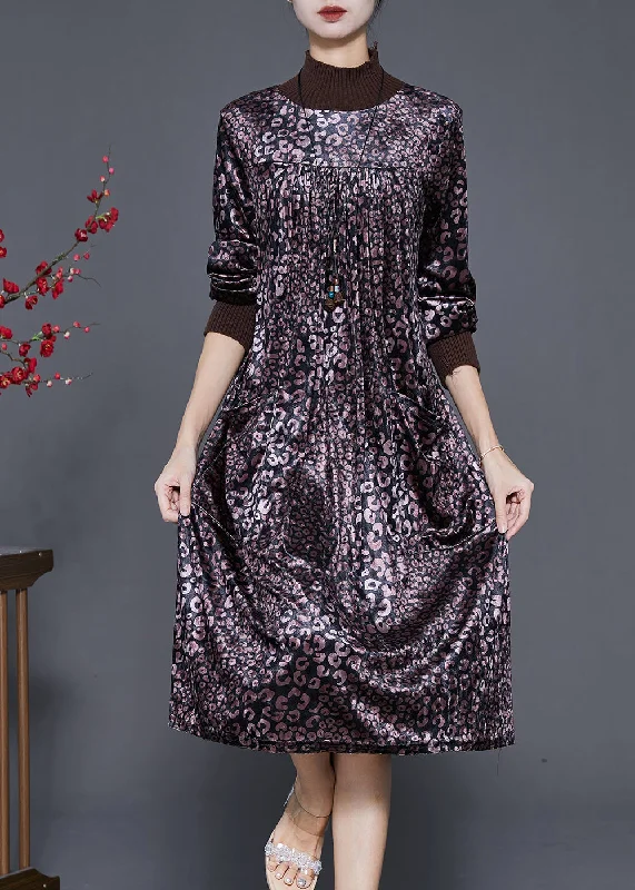 Fashion Women's Clothing Women Dull Purple High Neck Print Silk Velour Dress Spring