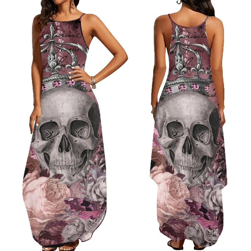 Plus Size Women Wear Women's Elegant Sleeveless Purple Skull Crown Floral Dress