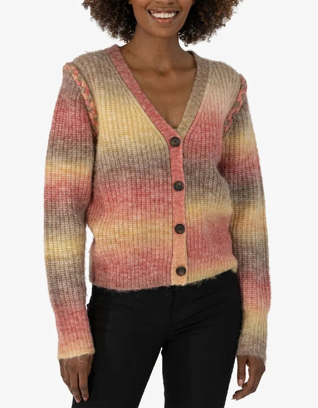 Wardrobe Update Isla Braided Button Down Cardigan In Oatmeal/coral