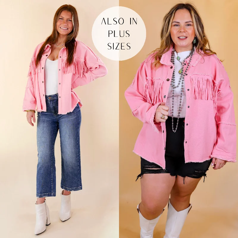 Limited Stock, Big Discounts Not A Secret Fringe Button Up Jacket with Raw Hem in Electric Pink