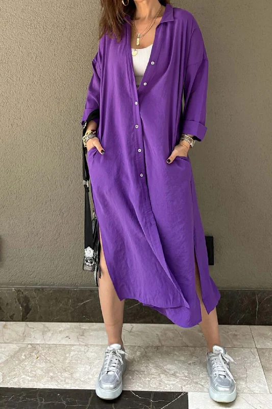 Flash Sale Event Solid Color Single-breasted Slit Shirt Dress