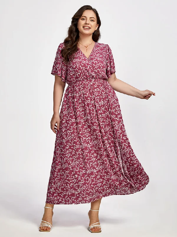 Elegant Styles Plus Floral V-Neck Elastic Waist Pocket Flutter Sleeve Maxi Dress