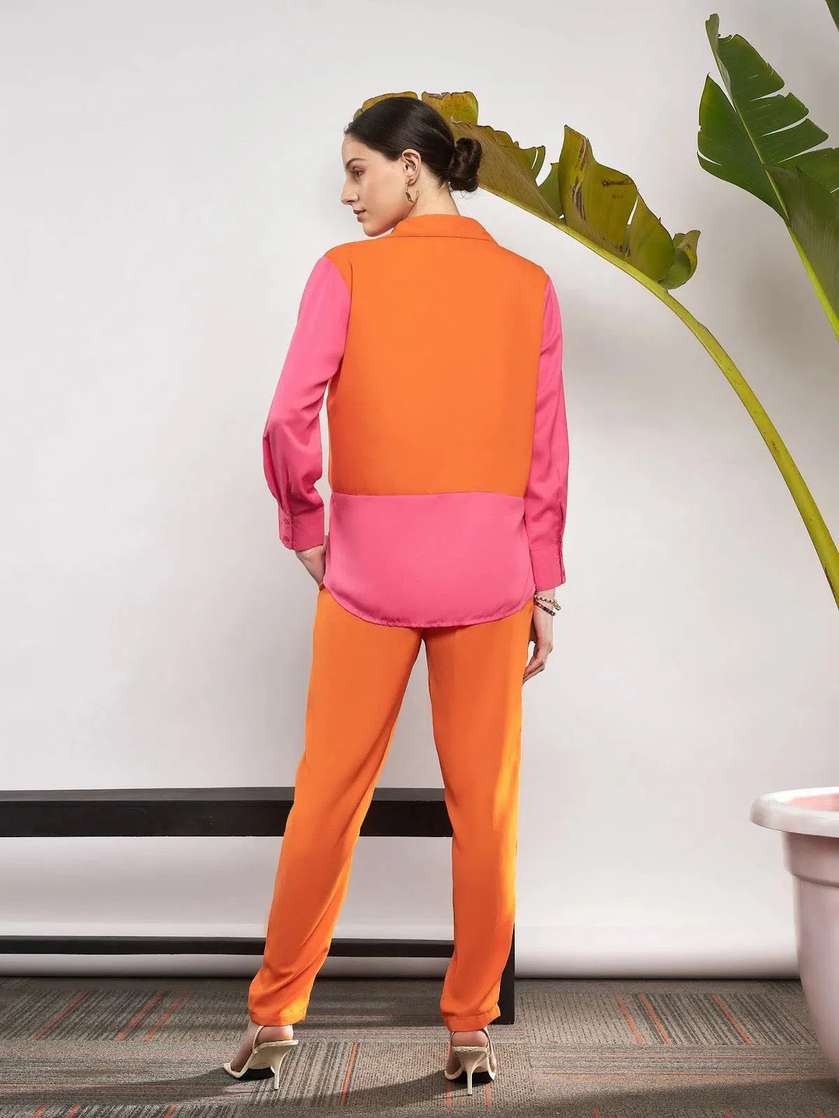 Durable Fashion Picks Women Orange & Pink ColorBlock Shirt With Darted Pants