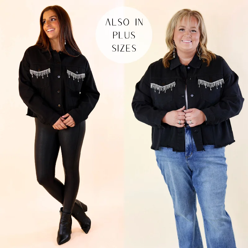 Huge Price Cut Made To Shine Crystal Fringe Pocket Cropped Denim Jacket in Black