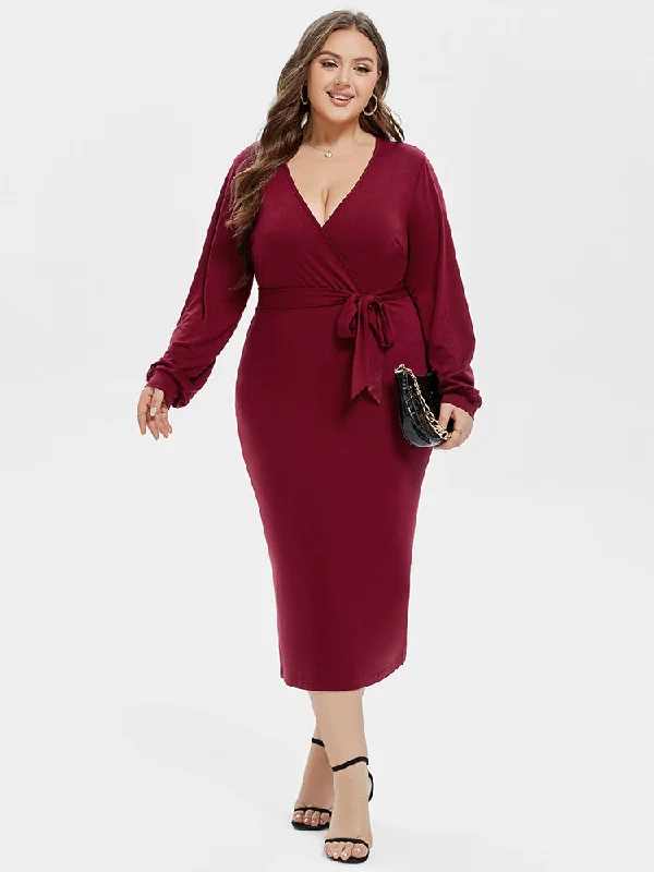 Elegant Styles V-Neck Lantern Sleeve Belted Wrap Midi Dress