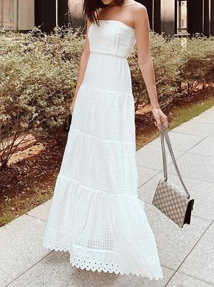 Edgy Fashion White Color Tube Top Off Shoulder Long Holiday Dress