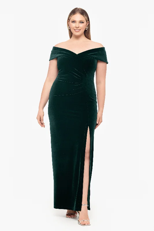 Modern Women's Wardrobe Essentials Plus "Charmaine" Long Off the Shoulder Velvet Gown