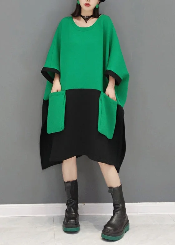 Discover Now Casual Green O Neck Pockets Patchwork Cotton Mid Dresses Fall