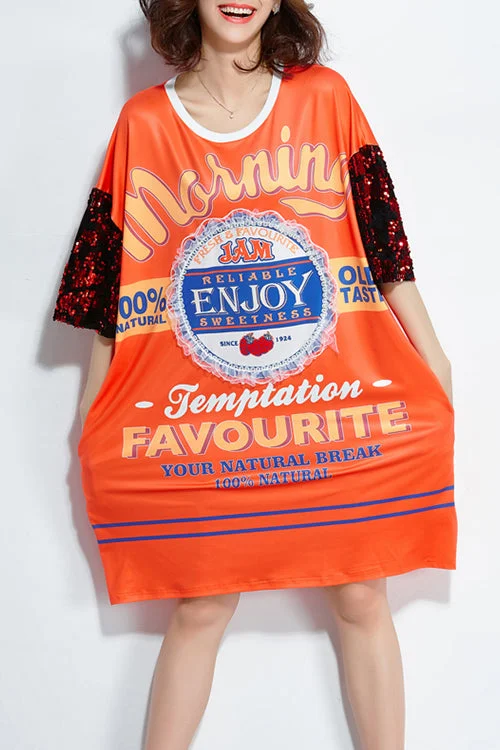 Unbeatable Prices Women o neck silk Cotton Tunic plus size Sleeve orange print daily Dress summer