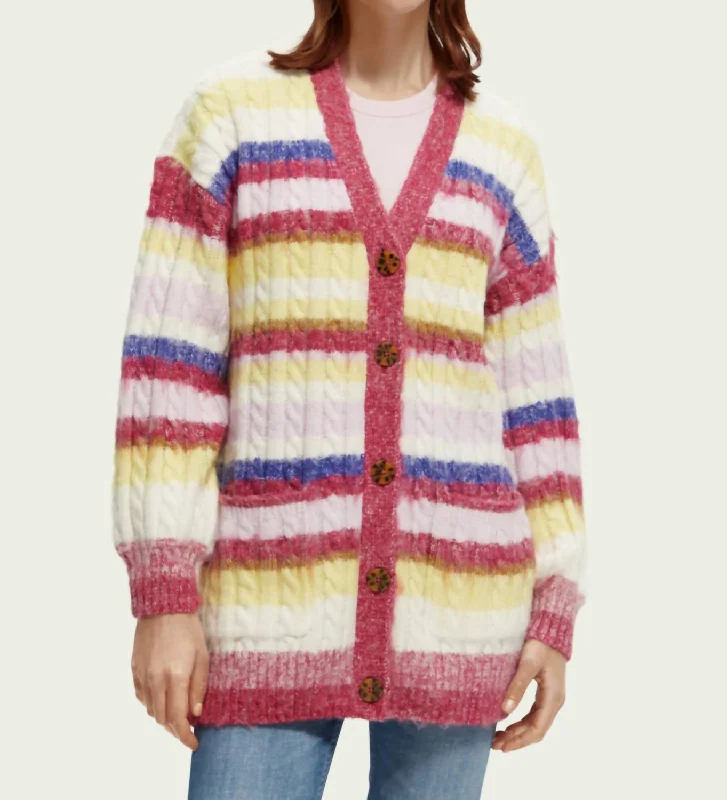 New Arrival Discounts Brushed Mixed Stripe Mid Length Cardigan In Cherry Pie