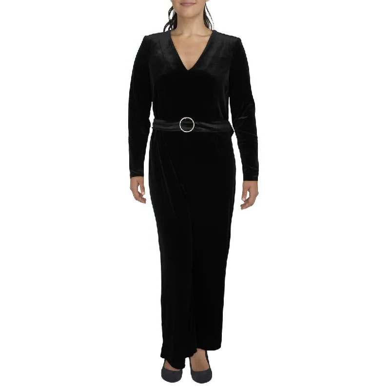 Plus Size Women Wear MNG Womens Plus V-Neck Long Sleeve Velour Jumpsuit