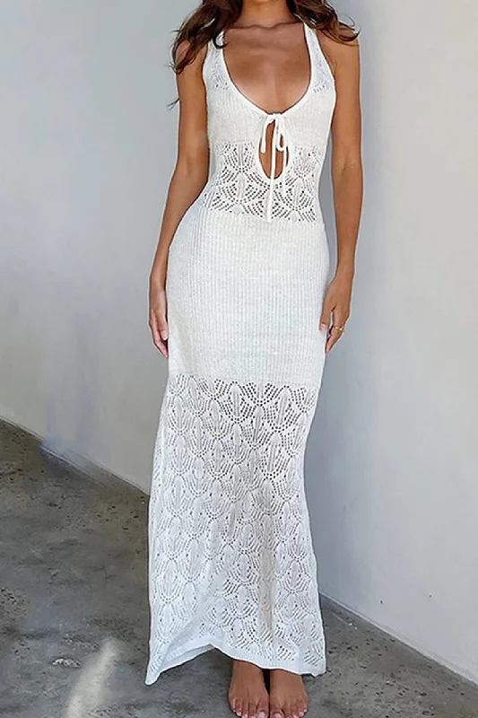 Sale For Women White Tie-back Crochet Hollow Out Tank Dress