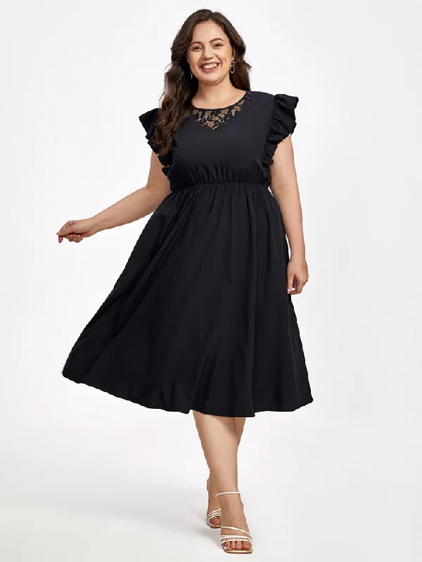 Online Boutiques Plus Black Lace Pocket Ruffle Trim Elastic Waist Midi Dress