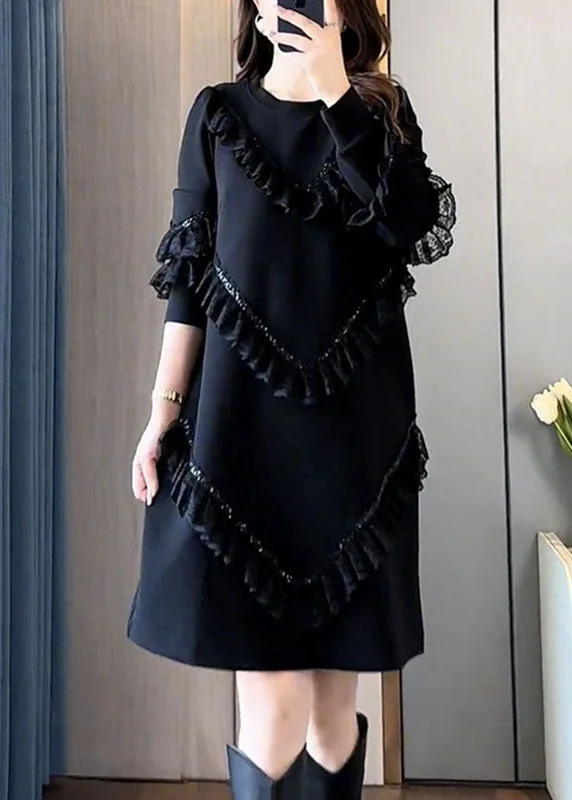 Easygoing Women's Style Fashion Black O-Neck Ruffled Patchwork Mid Dress Fall