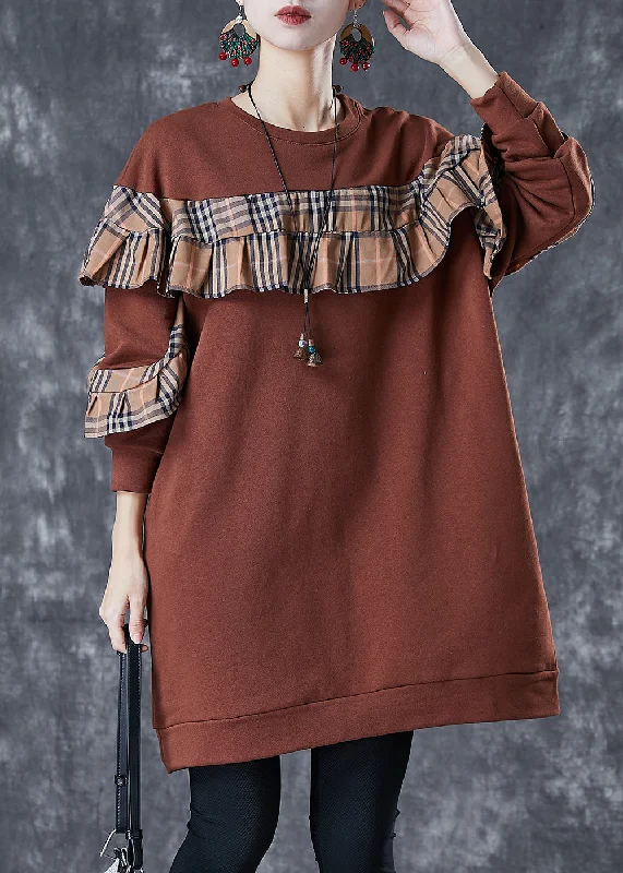 Unique Women's Fashion Pieces Plus Size Brown Ruffled Patchwork Cotton Sweatshirts Dress Fall