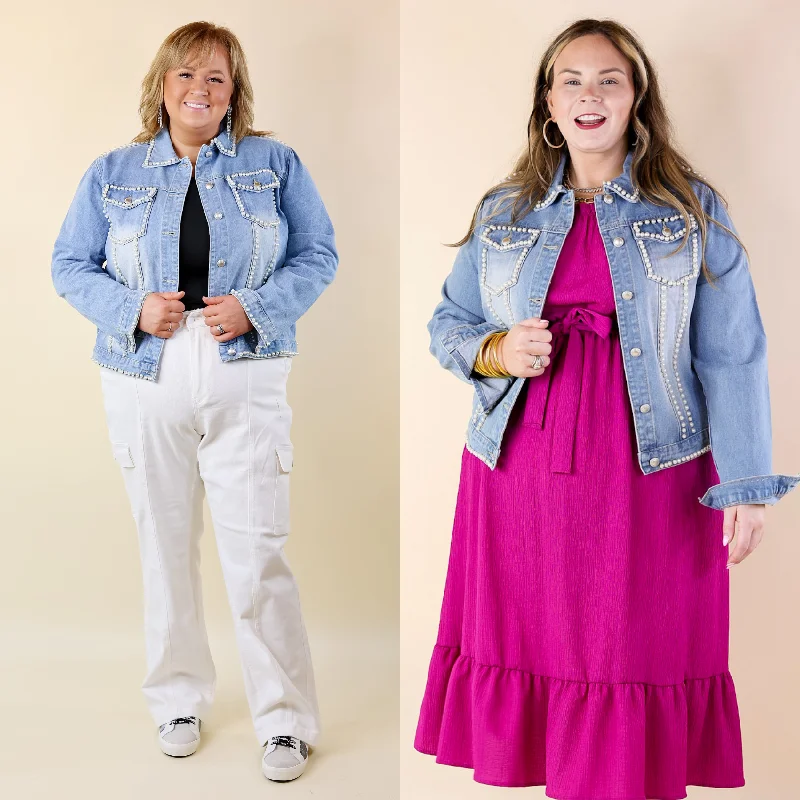 Holiday Discount Pearls For the Girls Pearl Embellished Denim Jacket in Light Wash