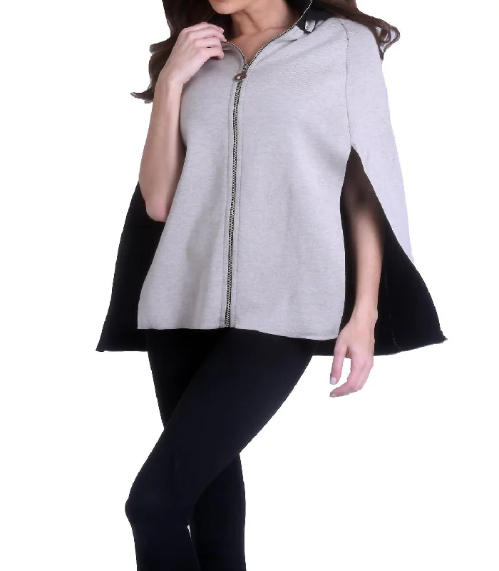 Trendy Women's Outfits for Casual Wear High Slit Detachable Hooded Poncho In Black/stone