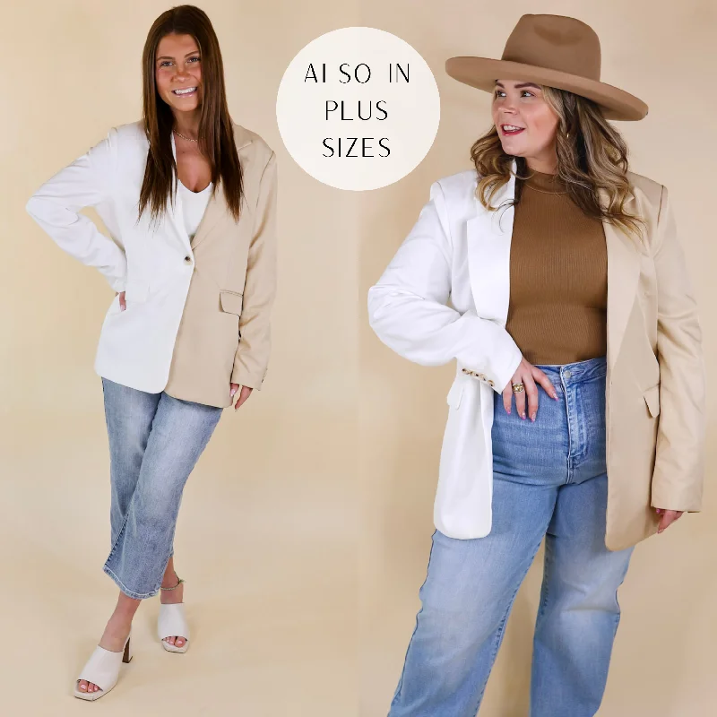 Chic Women's Clothing Online Expect First Class Long Sleeve Color Block Blazer in Beige and White