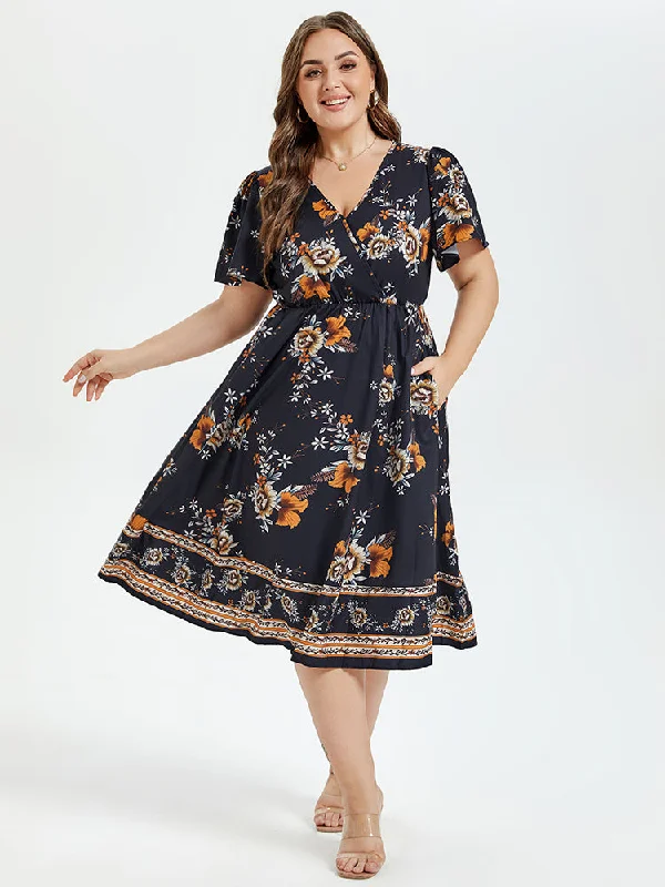 Discover Now Floral Print V-Neck Butterfly Sleeve Elastic Waist Midi Dress